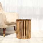 Angled side view of modern cylindrical wooden coffee table with slatted top GH-097