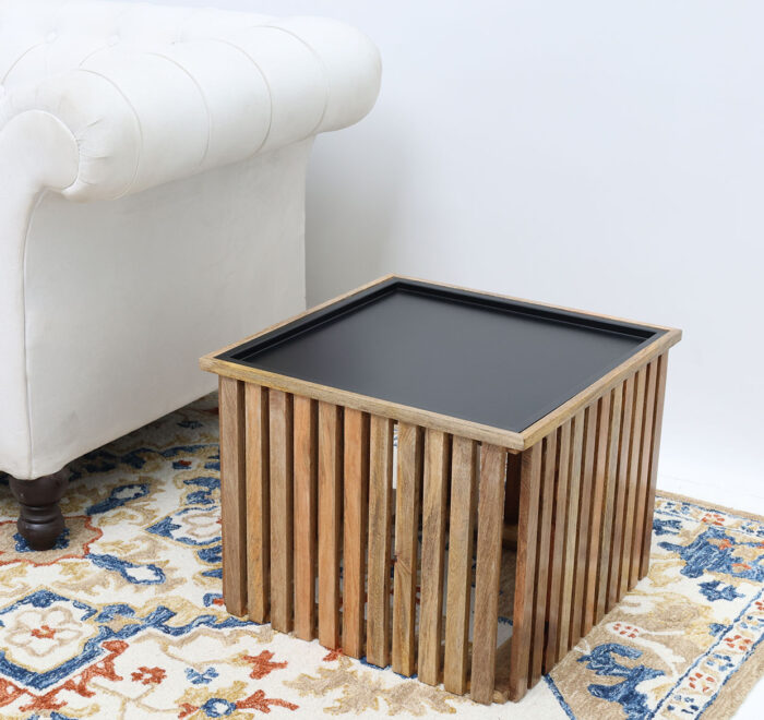 Close-up inclined top view of modern square slatted wooden coffee table GH-99