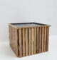 Angled top view of modern square wooden and iron coffee table with slatted design GH-99