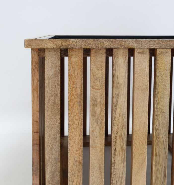 Close-up side view of modern square slatted wooden coffee table with iron frame GH-99