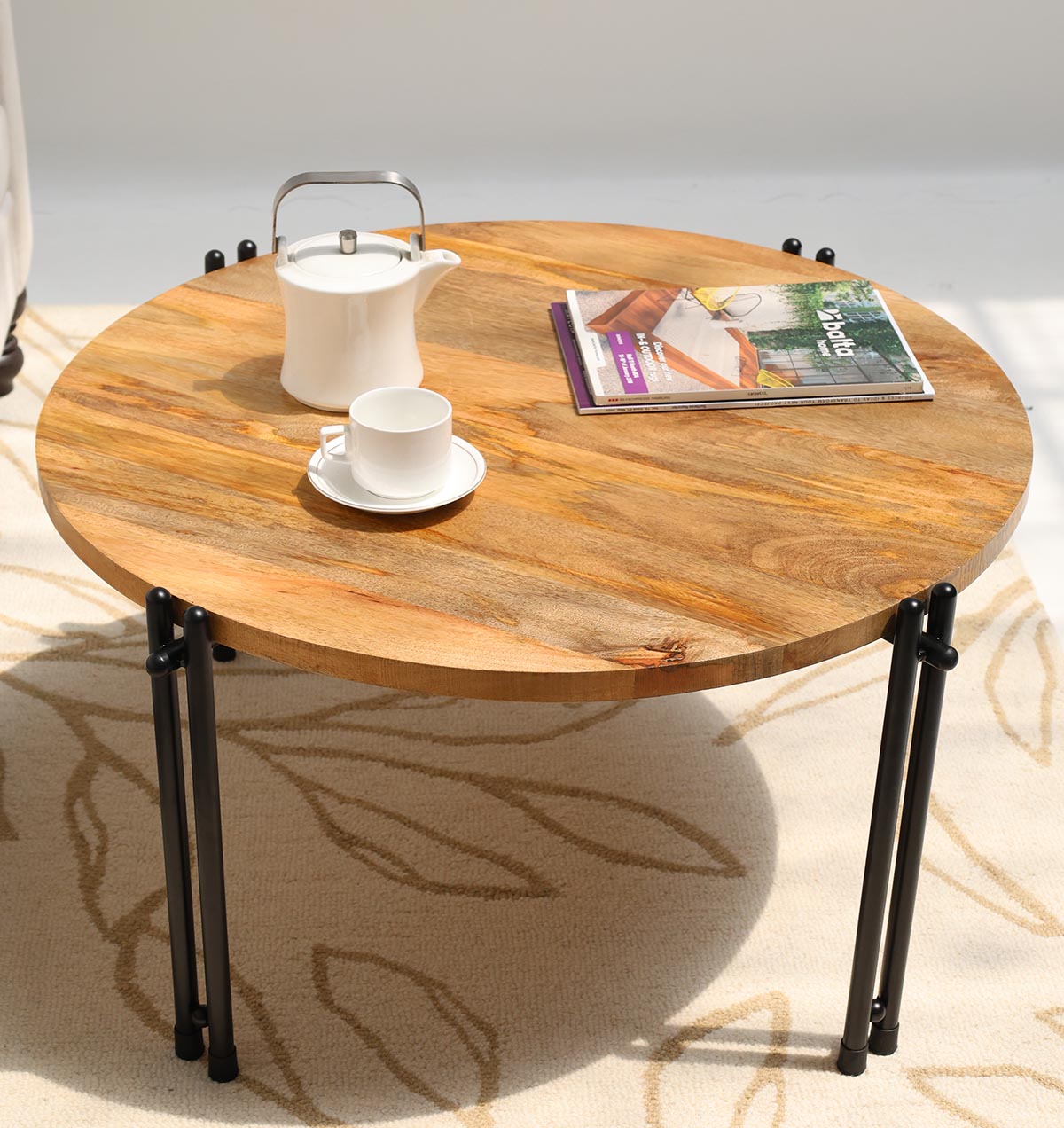 GH-067 (31) Modern Round Coffee Table – Solid Wood Top with Black Iron Legs GH-067 - Image 2