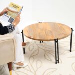 Modern Round Coffee Table – Solid Wood Top with Black Iron Legs GH-067