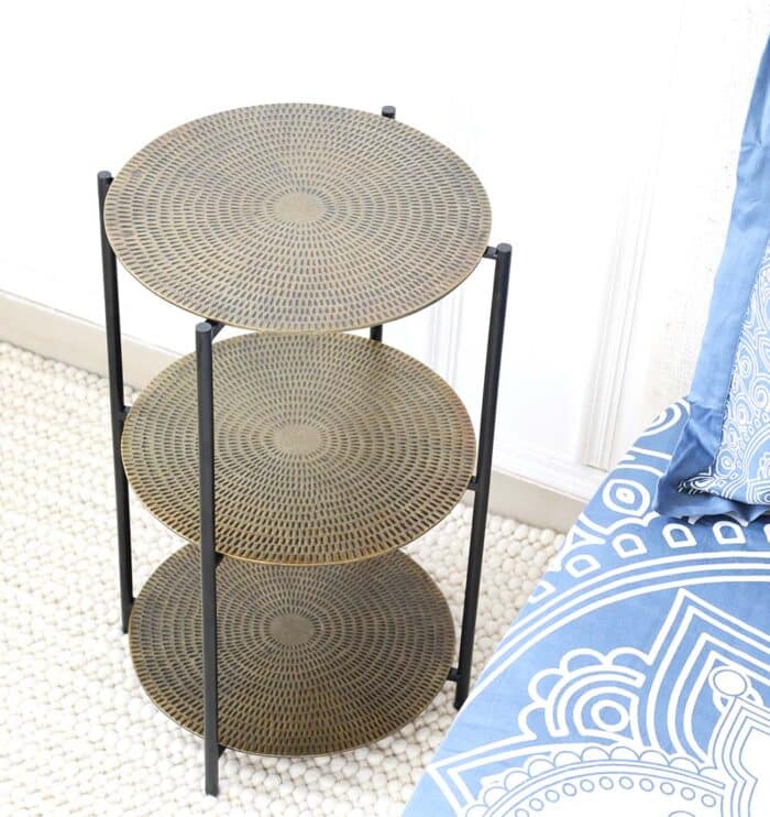 Round coffee table with solid wood top and black iron legs – modern industrial living room furniture