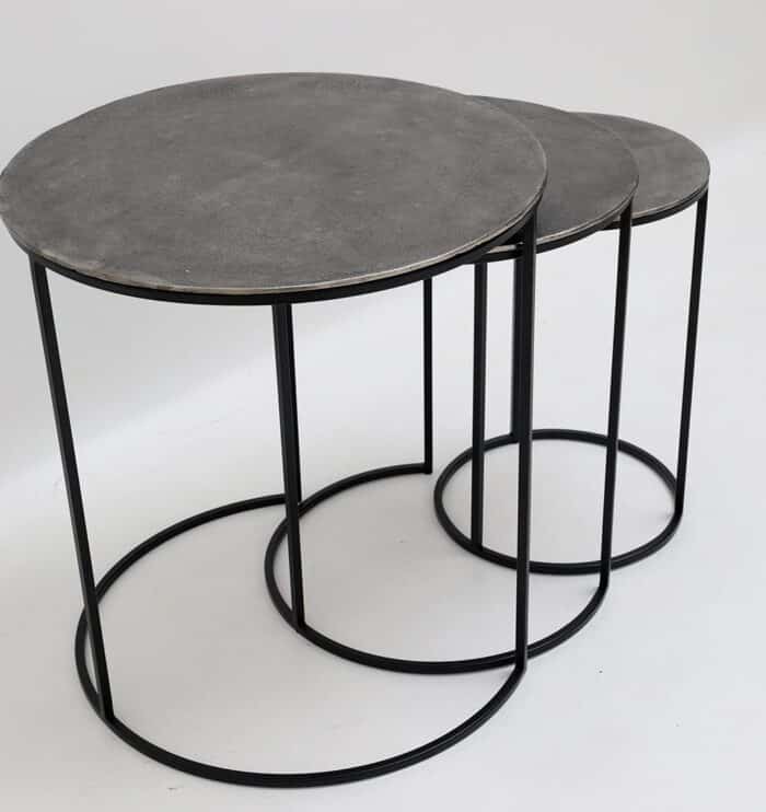 Set of 3 modern nesting side tables with antique brass tops and black iron bases – circular minimalist design
