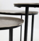 Side close-up of modern round coffee table showing aluminium top texture and black iron legs