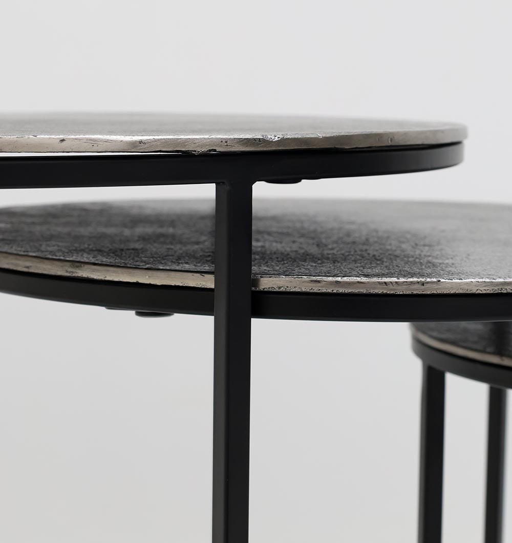 Side Close-Up – Set of 3 Modern Nesting Side Tables GH-071 | Antique Brass Tops with Black Iron Bases Side close-up of set of 3 modern nesting side tables showing antique brass tops and black iron bases