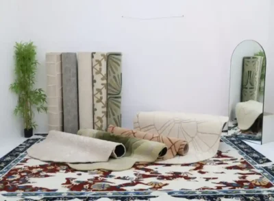 Interior with multiple modern rugs showcasing different styles and materials