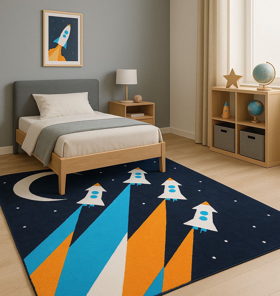kd-001 Kids Space Rocket Polyester Playroom Rug KD-001 (170x240cm) - Image 1